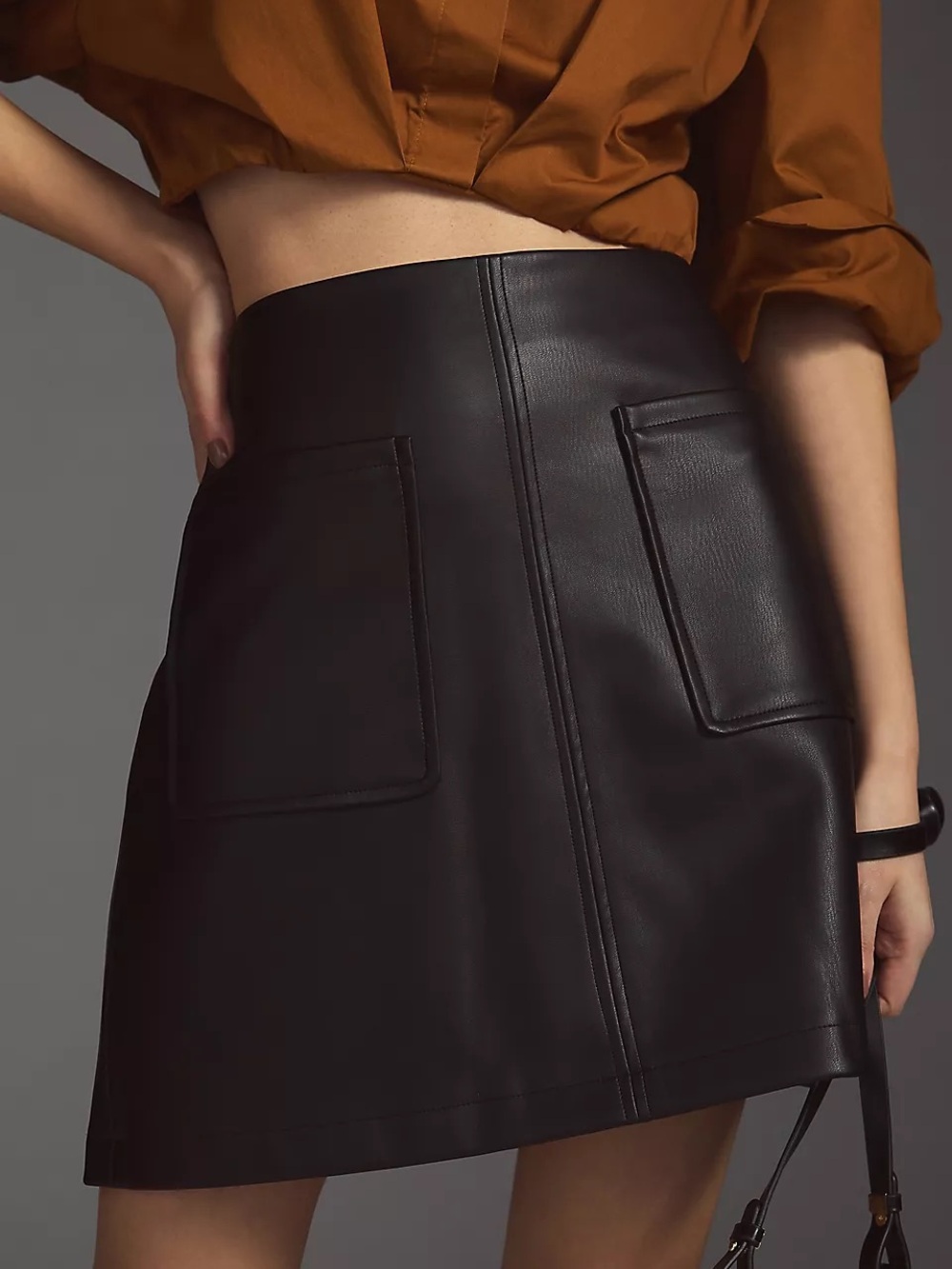 Anthropologie Maeve Large Black Faux Leather Mini Skirt Patch Pockets Edgy